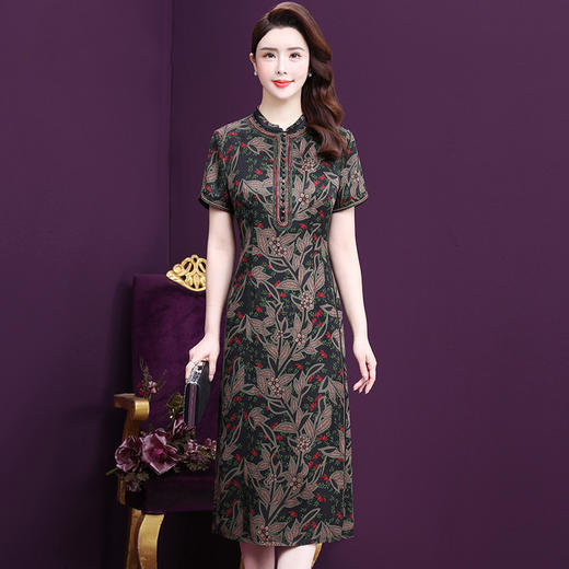 WXY-2937夏新款收腰减龄印花大码小立领真丝连衣裙 商品图1