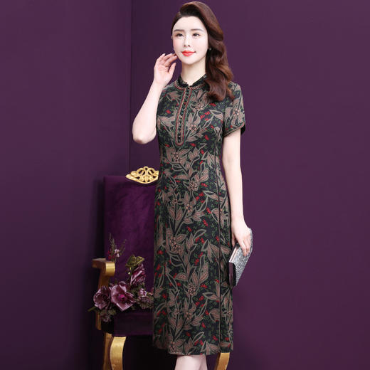 WXY-2937夏新款收腰减龄印花大码小立领真丝连衣裙 商品图0