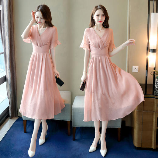 wznh-cpyy9910夏季时尚简约v领通勤荷叶袖中长款纯色连衣裙
