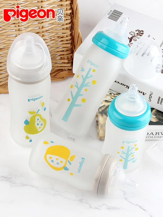 Pigeon贝亲婴儿宽口径玻璃奶瓶新生宝宝硅胶护层彩绘奶瓶防摔160/240ML 商品图0