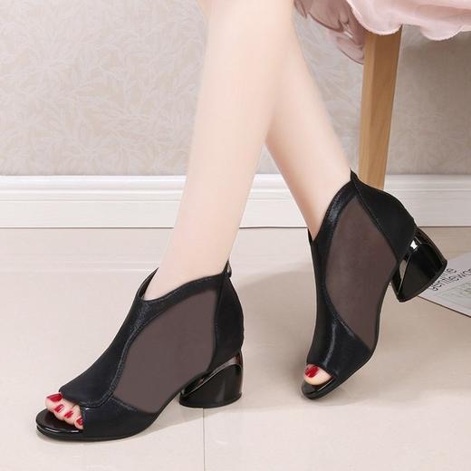 LN-302夏季新款时尚网纱韩版后拉链粗跟鱼嘴粗跟凉鞋 商品图3