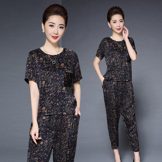 LMJR-9022中年时尚香云纱套装桑蚕丝短袖T恤哈伦裤妈妈装WY 商品图0