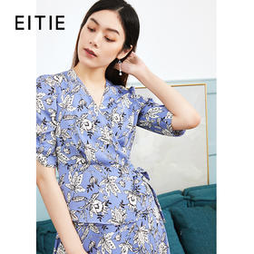 EITIE爱特爱女装夏款复古围裹收腰泡泡袖港风印花上衣女