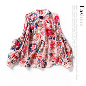 FMY-Y20031国风甜美印花衬衣荷叶边灯笼袖真丝盘扣立领旗袍小衫