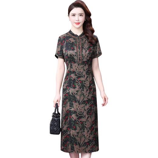 WXY-2937夏新款收腰减龄印花大码小立领真丝连衣裙 商品图3