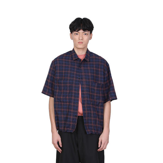 NINEWAY九平道 022C21 宽松格子短袖衬衣外套蓝格港风衬衫男 商品图1