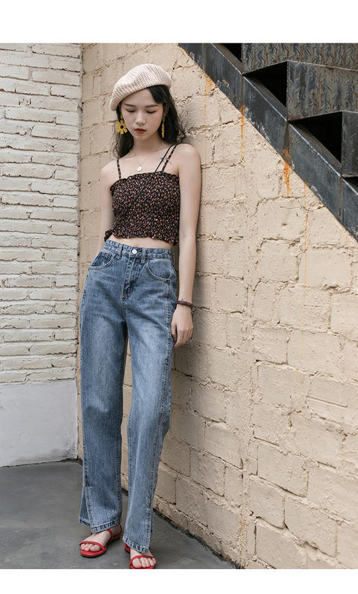 nara开叉牛仔裤女直筒宽松高腰腿粗显瘦裤子显高百搭裤2020夏季