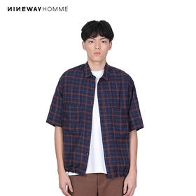 NINEWAY九平道 022C21 宽松格子短袖衬衣外套蓝格港风衬衫男