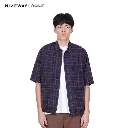 NINEWAY九平道 022C21 宽松格子短袖衬衣外套蓝格港风衬衫男 商品图0