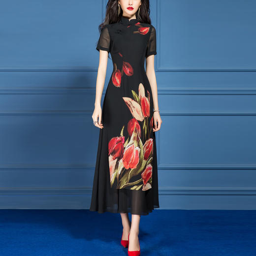 SSGS-F560新款夏复古气质典雅收腰显瘦黑色印花大摆雪纺连衣裙 商品图0