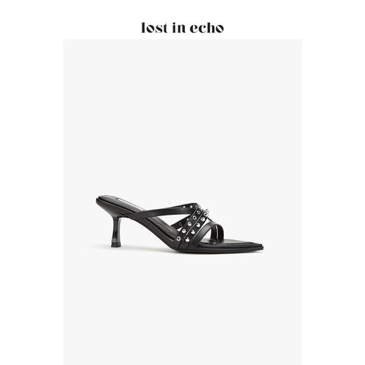 【微瑕疵不退不换】设计师lost in echo 铆钉装饰尖头凉穆勒鞋 黑色金属气眼细带女鞋 商品图2