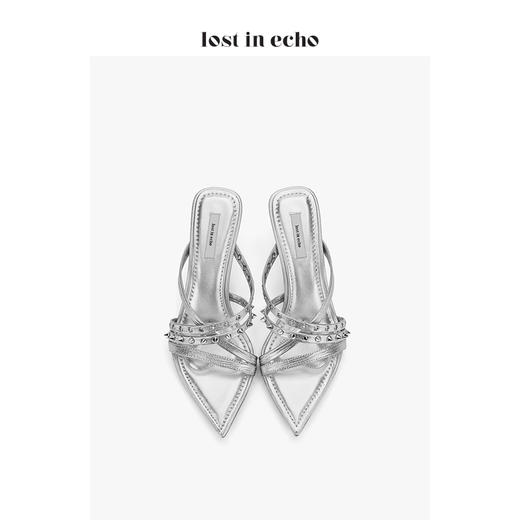 【微瑕疵不退不换】原创设计师lost in echo 铆钉装饰尖头凉穆勒鞋 银色金属气眼细带女鞋 商品图3