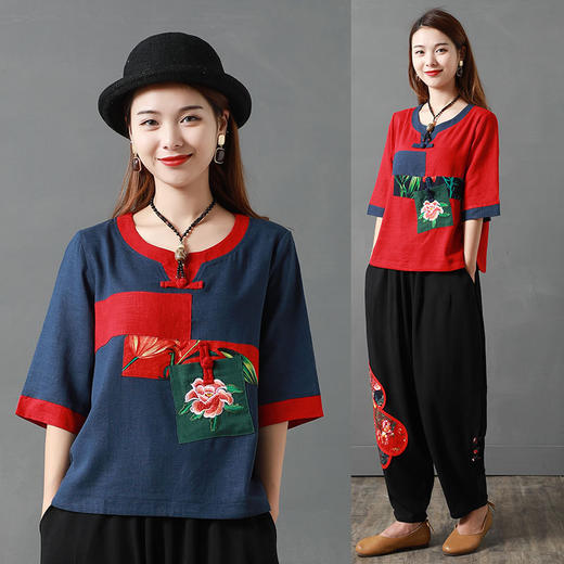 MQ-TZ1937夏装新款大码洋气绣花棉麻套装YY 商品图0