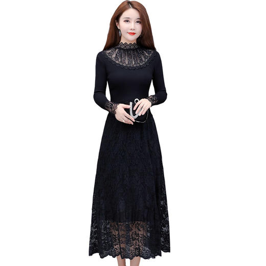 CYJH-ZP19D017修身黑色长款毛衣裙内搭打底蕾丝针织连衣裙 商品图4