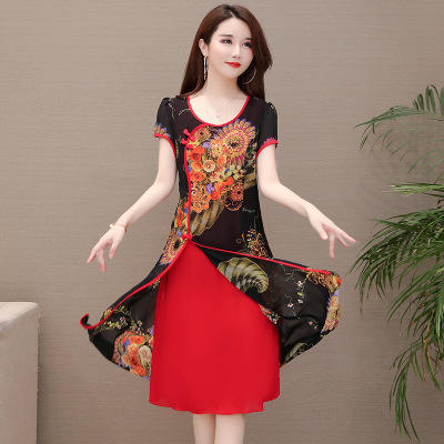 YPY 14916 阔太太连衣裙印花中长款中老年遮肚子改良民族风旗袍式 商品图1