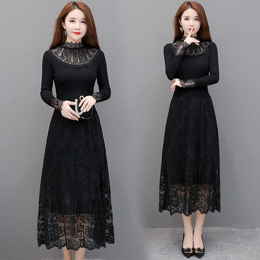 CYJH-ZP19D017修身黑色长款毛衣裙内搭打底蕾丝针织连衣裙 商品图2