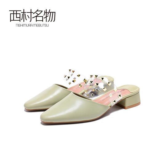 西村名物2020年春穆勒鞋羊皮革包头中跟尖头水钻拖鞋女X20AH10211 商品图3