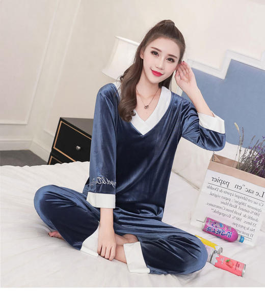 YRTC-633爆款金丝绒睡衣套装V领甜美刺绣家居服两件套WY 商品图5