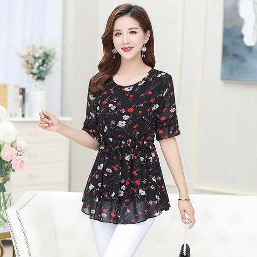 MQ-1268-1910夏季新款特大码短袖碎花遮肚显瘦雪纺衫YY 商品图3