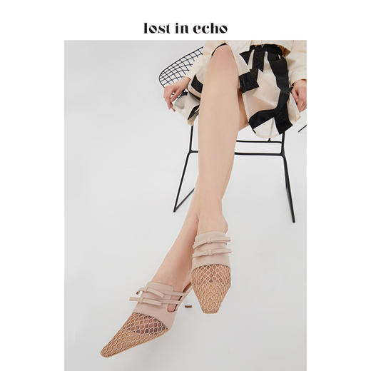 【微瑕疵不退不换】lost in echo设计师女鞋 网纱蝴蝶结猫跟穆勒鞋 裸色尖头凉鞋单鞋 商品图0