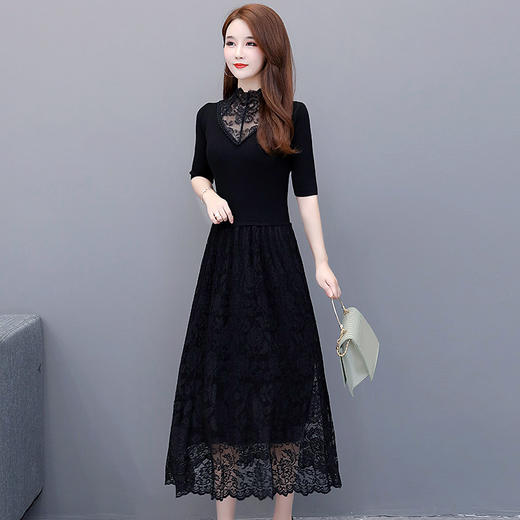 CYJH-ZP19D017修身黑色长款毛衣裙内搭打底蕾丝针织连衣裙 商品图3