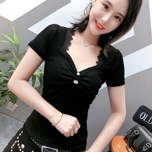 XBE-新款紧身纯色短袖t恤ins潮网红低领露背性感小衫 商品图1