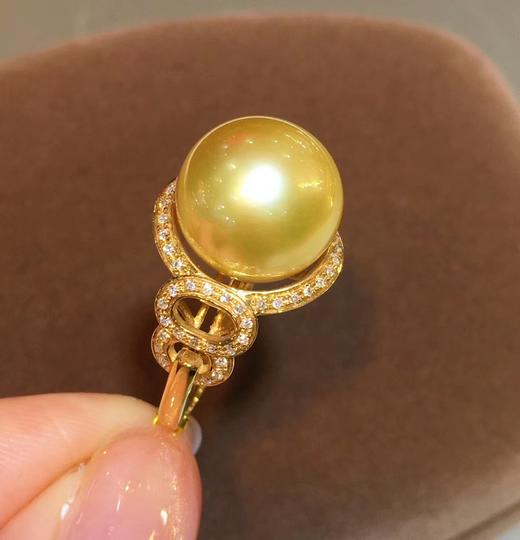 天然南洋金珍珠戒指18k金钻石镶嵌珠子正圆浓金强光几乎无暇大气款