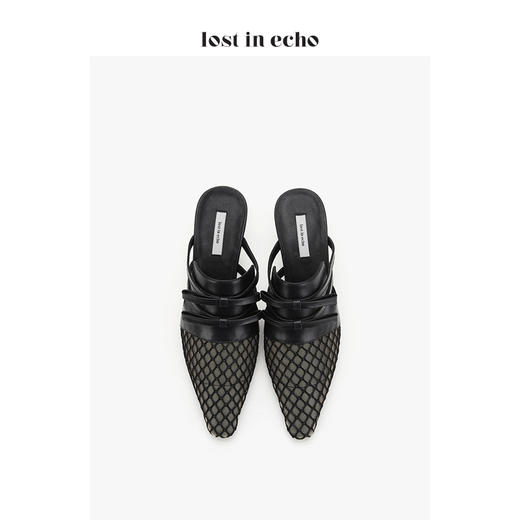 【微瑕疵不退不换】设计师女鞋lost in echo 网纱蝴蝶结猫跟穆勒鞋 黑色尖头凉鞋单鞋 商品图3