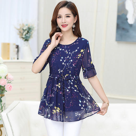 MQ-1268-1910夏季新款特大码短袖碎花遮肚显瘦雪纺衫YY 商品图1