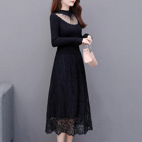 CYJH-ZP19D017修身黑色长款毛衣裙内搭打底蕾丝针织连衣裙