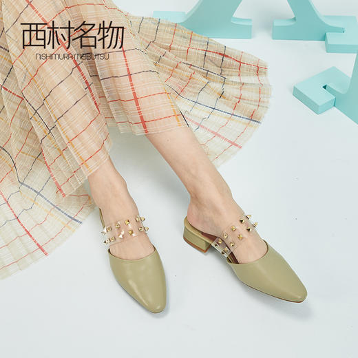 西村名物2020年春穆勒鞋羊皮革包头中跟尖头水钻拖鞋女X20AH10211 商品图1