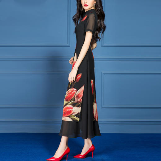 SSGS-F560新款夏复古气质典雅收腰显瘦黑色印花大摆雪纺连衣裙 商品图1