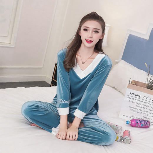 YRTC-633爆款金丝绒睡衣套装V领甜美刺绣家居服两件套WY 商品图0