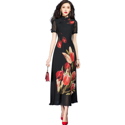 SSGS-F560新款夏复古气质典雅收腰显瘦黑色印花大摆雪纺连衣裙 商品图3