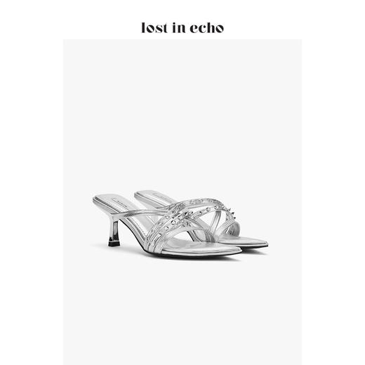 【微瑕疵不退不换】原创设计师lost in echo 铆钉装饰尖头凉穆勒鞋 银色金属气眼细带女鞋 商品图1