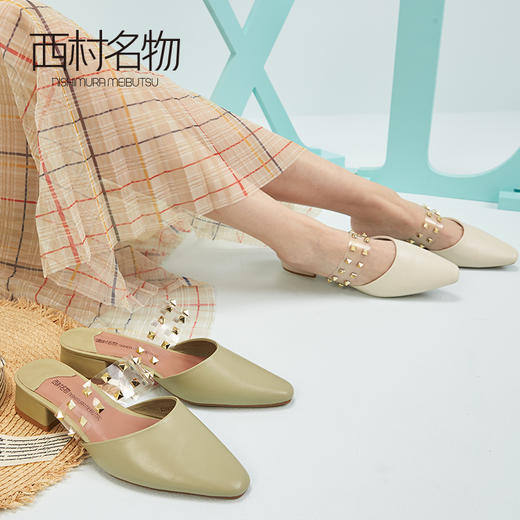 西村名物2020年春穆勒鞋羊皮革包头中跟尖头水钻拖鞋女X20AH10211 商品图2