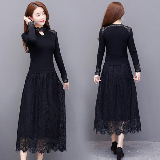 CYJH-ZP19D017修身黑色长款毛衣裙内搭打底蕾丝针织连衣裙 商品图1