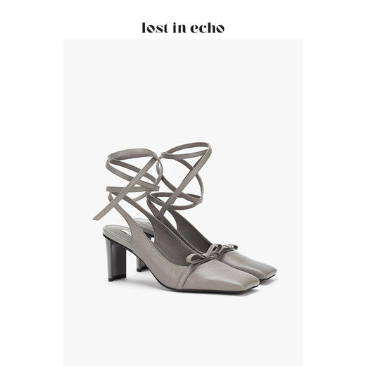 【微瑕疵不退不换】lost in echo设计师女鞋 绕带大方头凉单鞋 灰色高跟鞋 商品图1