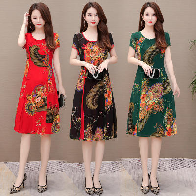 YPY 14916 阔太太连衣裙印花中长款中老年遮肚子改良民族风旗袍式 商品图0