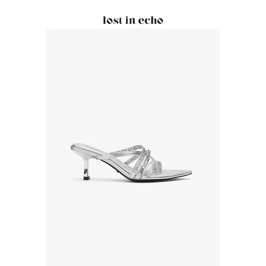【微瑕疵不退不换】原创设计师lost in echo 铆钉装饰尖头凉穆勒鞋 银色金属气眼细带女鞋 商品图2