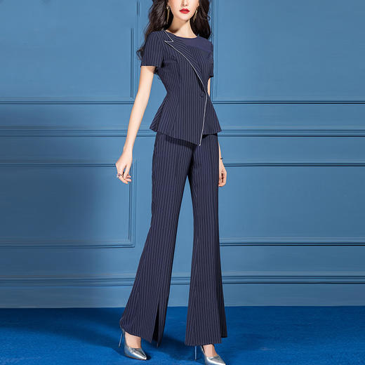 SSGS-M067夏季新款时尚职业装气质蓝色条纹上衣喇叭裤两件套 商品图1