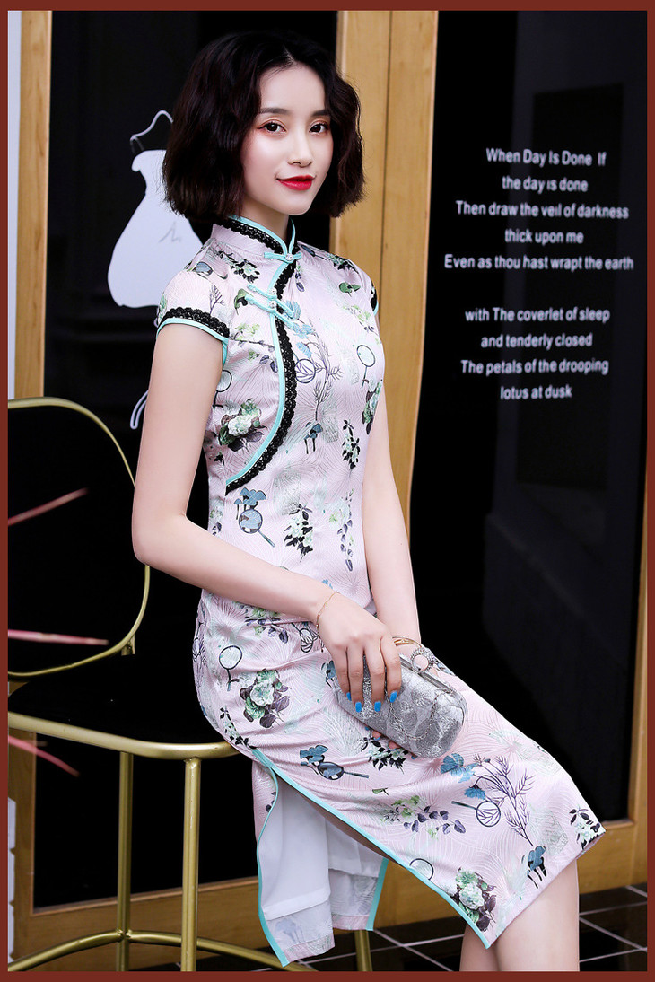 bjs9027复古中国风斜襟印花低开叉改良旗袍