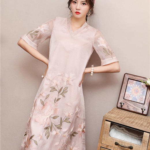 FNZD99385新款中国风刺绣V领短袖连衣裙TZF 商品图1