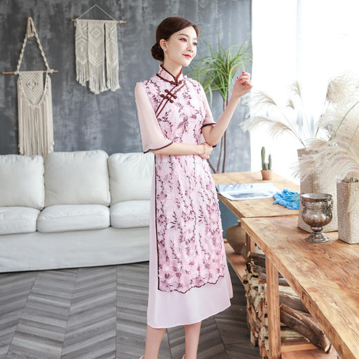 复古立领葫芦扣立体花朵亮片绣花大袖改良旗袍zsm200417