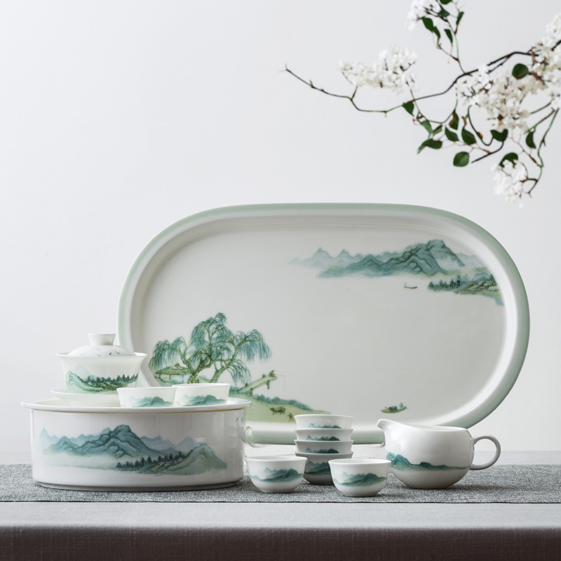 12头绿水青山骨瓷茶具套装