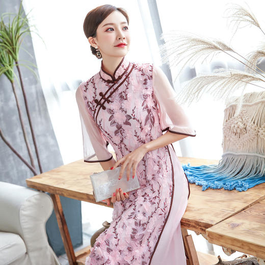 复古立领葫芦扣立体花朵亮片绣花大袖改良旗袍zsm200417