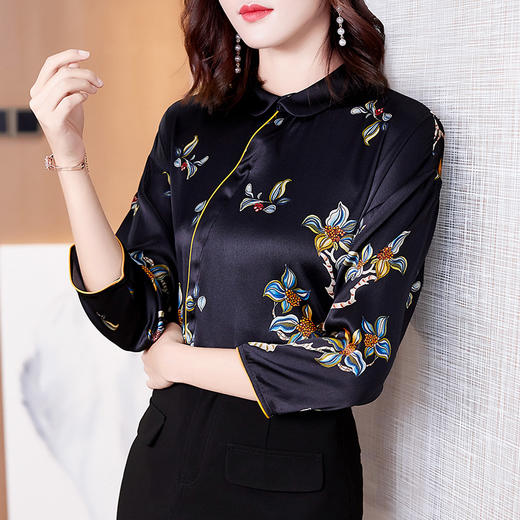 FP-F1028春季新款中国风盘扣印花桑蚕丝T恤 商品图1