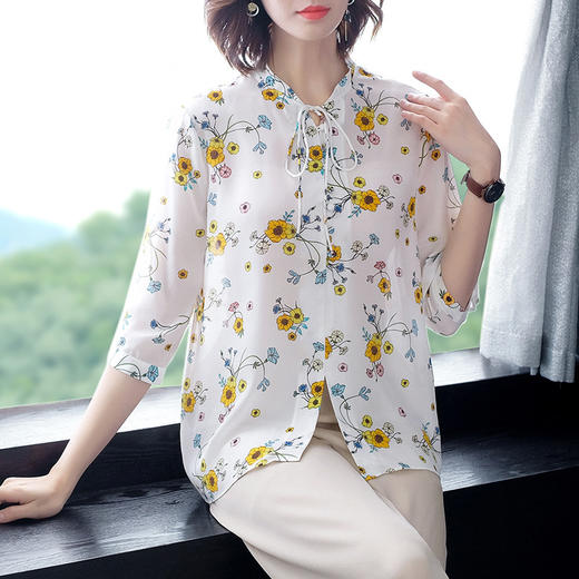 FP-P8180简约淡雅小清新印花真丝衬衫上衣 商品图0