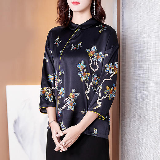 FP-F1028春季新款中国风盘扣印花桑蚕丝T恤 商品图0