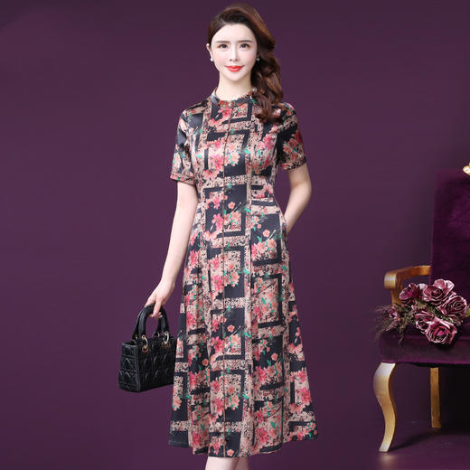 WXY-2807夏装新款垂感高腰气质减龄印花真丝连衣裙 商品图1